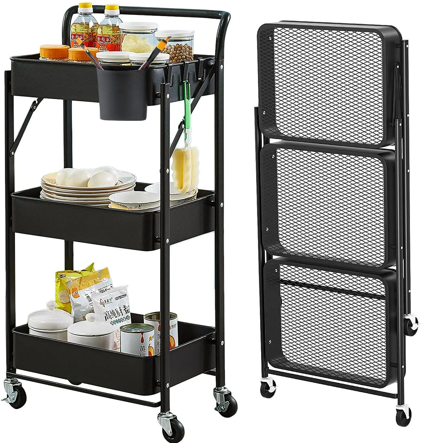 

Foldable Rolling Cart 3 Tier Utility Storage Cart No Assembly Metal Heavy Duty Kitchen Carts Folding on Wheels, Customized