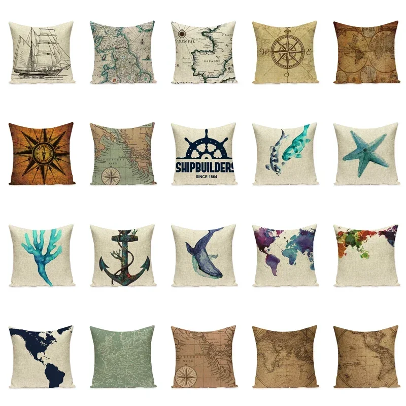 World Map Cushion Cover Europe Retro Ship Home Sofa Decor Pillow Cover Room Pillowcase Car Cushions Polyester Throw Pillow Case