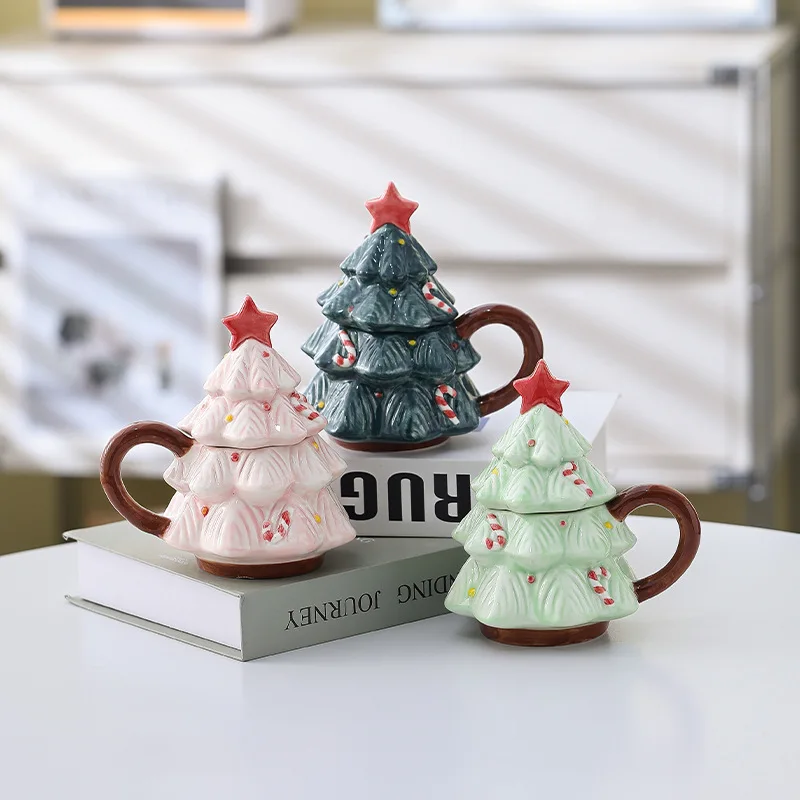 Ceramic Christmas Tree Mug Christmas Tree Shaped Mug with Lid Xmas Coffee Cup Winter Holiday Drinkware Decor  Teacup