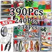Kit de Señuelos de Pesca, juego de cebo suave y duro, capa de engranaje, cuchara de plantilla de Metal para lubina, Lucio, manivela, accesorios de aparejos, 18-390 Uds.