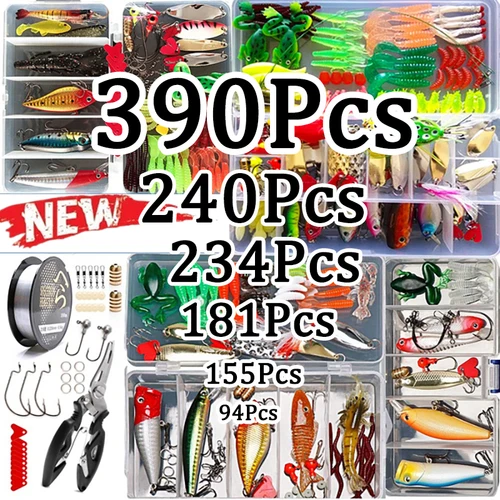 Kit de Señuelos de Pesca, juego de cebo suave y duro, capa de engranaje, cuchara de plantilla de Metal para lubina, Lucio, manivela, accesorios de aparejos, 18-390 Uds.