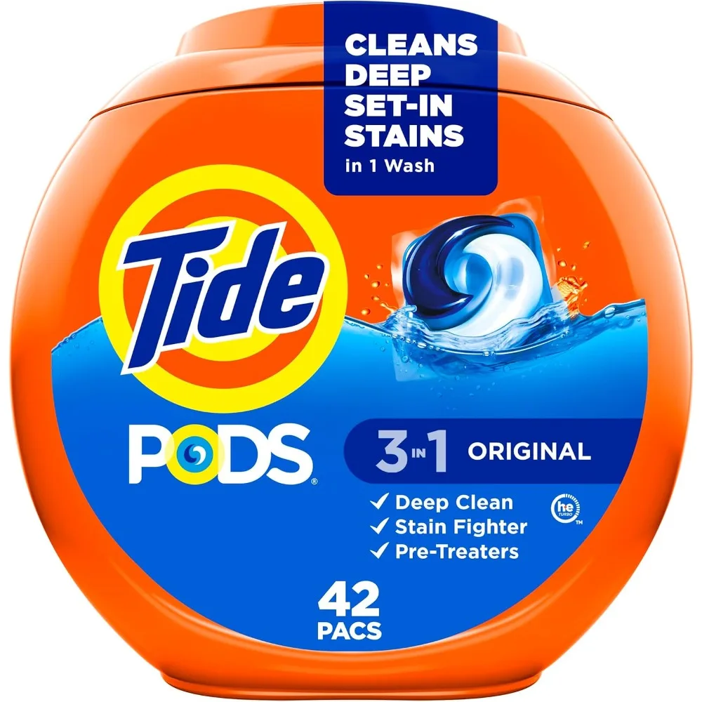 Laundry Detergent Pacs 3 in 1 HE Compatible Packs Stain Remover Odor Fighter Color Protector Original Scent 42 Count
