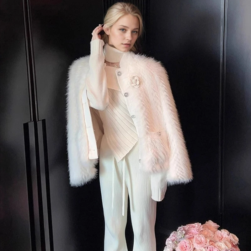 

New Fashion Fox Fur Thickened Coats American Socialite Style Three-dimensional Flower Single-breasted Coat for Women 2026 Winter