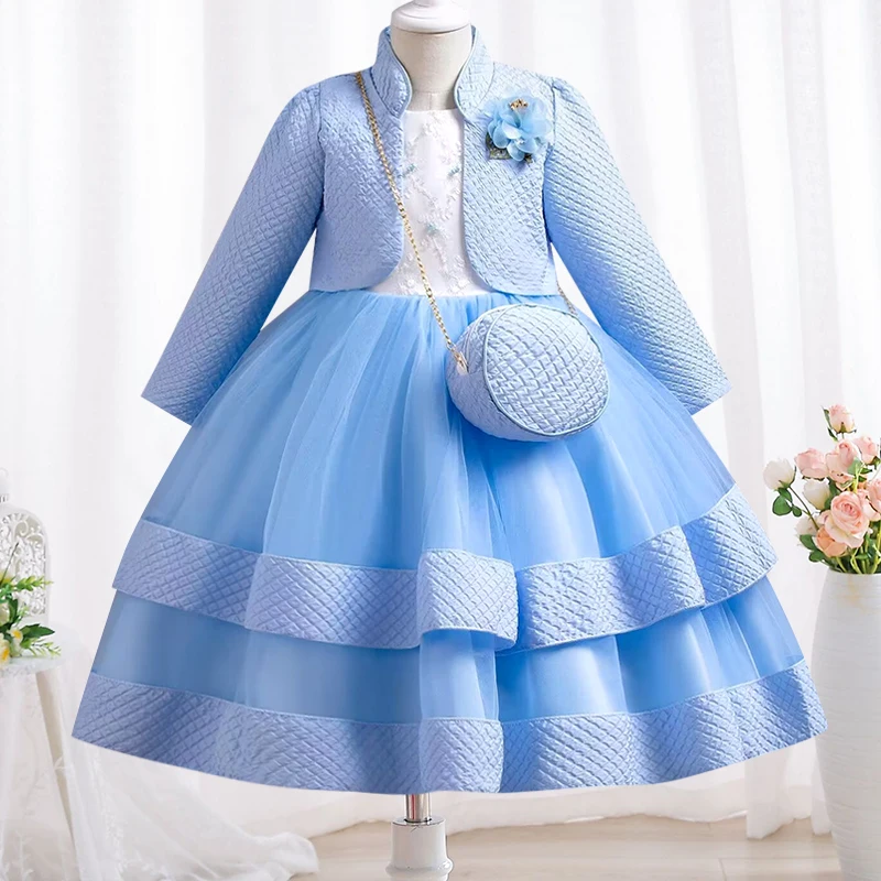 New Autumn/Winter Long Sleeve Party Dress Elegant Girl Embroidery Christmas Performance Dress Gift Bag for Children Aged 3-11