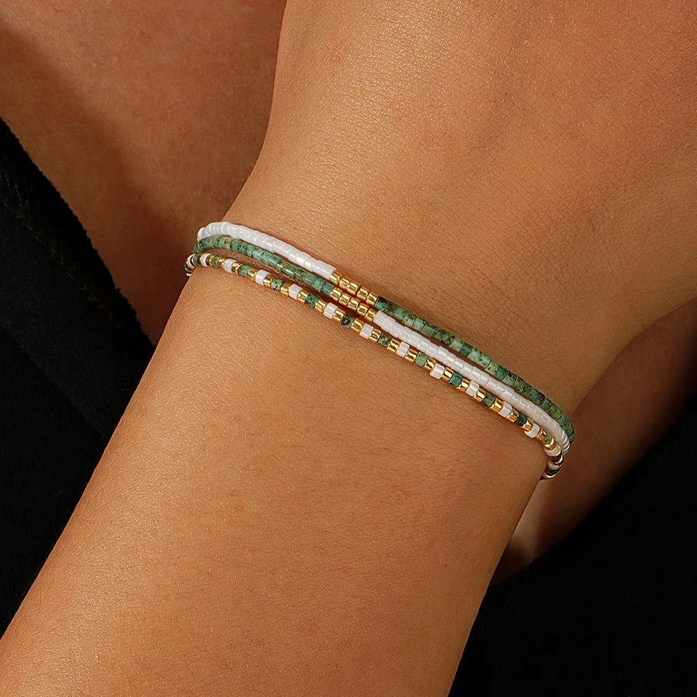 1pc vintage Bohemian style copper bead mixed color glass bead three circle adjustable bracelet suitable for daily gift giving