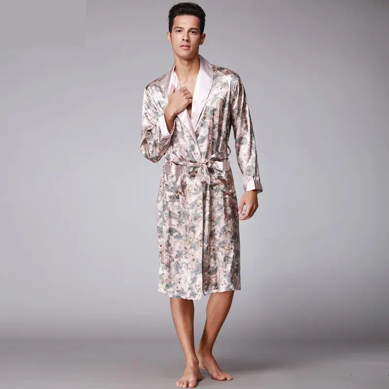 Men Kimono Robes V-neck Faux Silk Bathrobes Nightgown For Male Satin Sleepwear Summer Paisley Pattern Pajamas