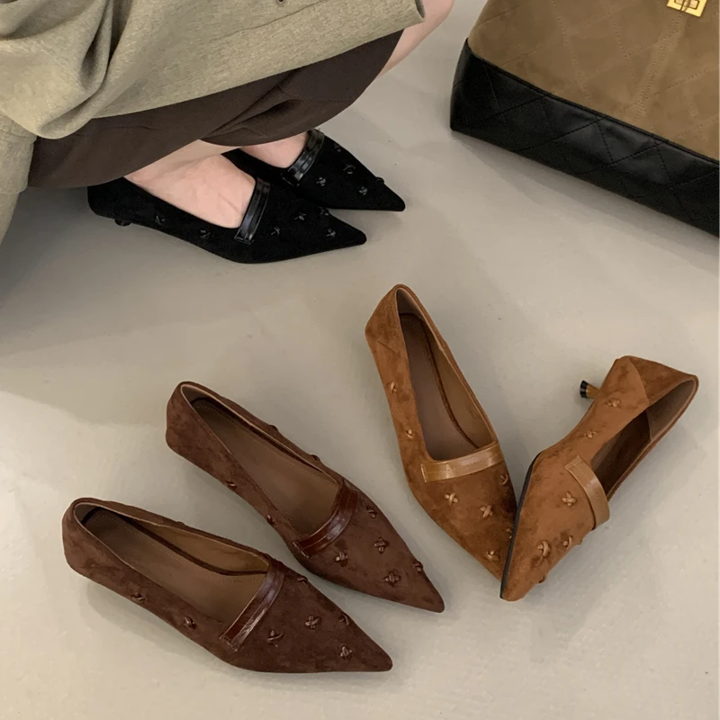 

SUOJIALUN 2025 New Brand Women Pumps Shoes Fashion Pointed Toe Slip On Ladies Elegant Boat Shoes Thin Low Heel Dress Single Shoe