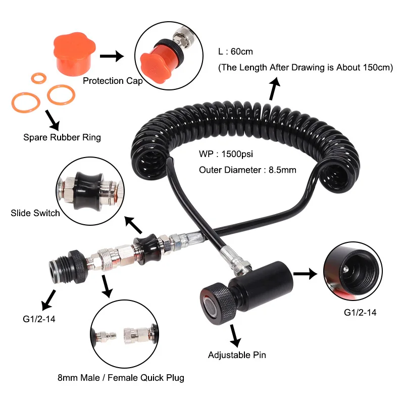 Paintball Remote Coil Hose Line with Quick Disconnect Slide Adapter Air Cylinder Connection for Air Compressed CO2 Tanks Marker