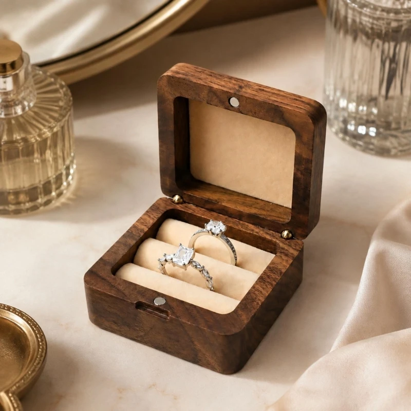 Double Slot Wooden Ring Box Rectangular Opening Black Walnut Cufflinks Box Dustproof Exquisite Jewelry Wedding Ring Holder