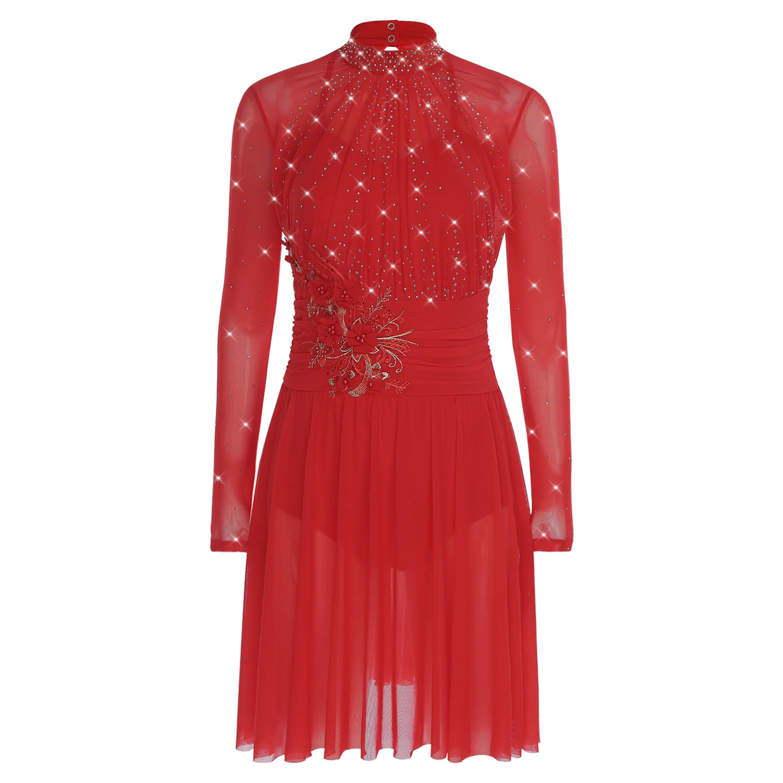 

Women Lyrical Dance Dress Embroidery Applique Rhinestones Mesh Long Sleeve Ruched Leotard Dress for Figure Skating Gymnastics