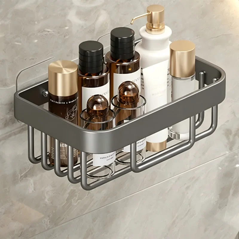 yesNo Drill Wall Mounted Bathroom Shower Shelf, Punch‑Free Carbon Steel Rectangular Storage Rack for Toilet Home Organizer