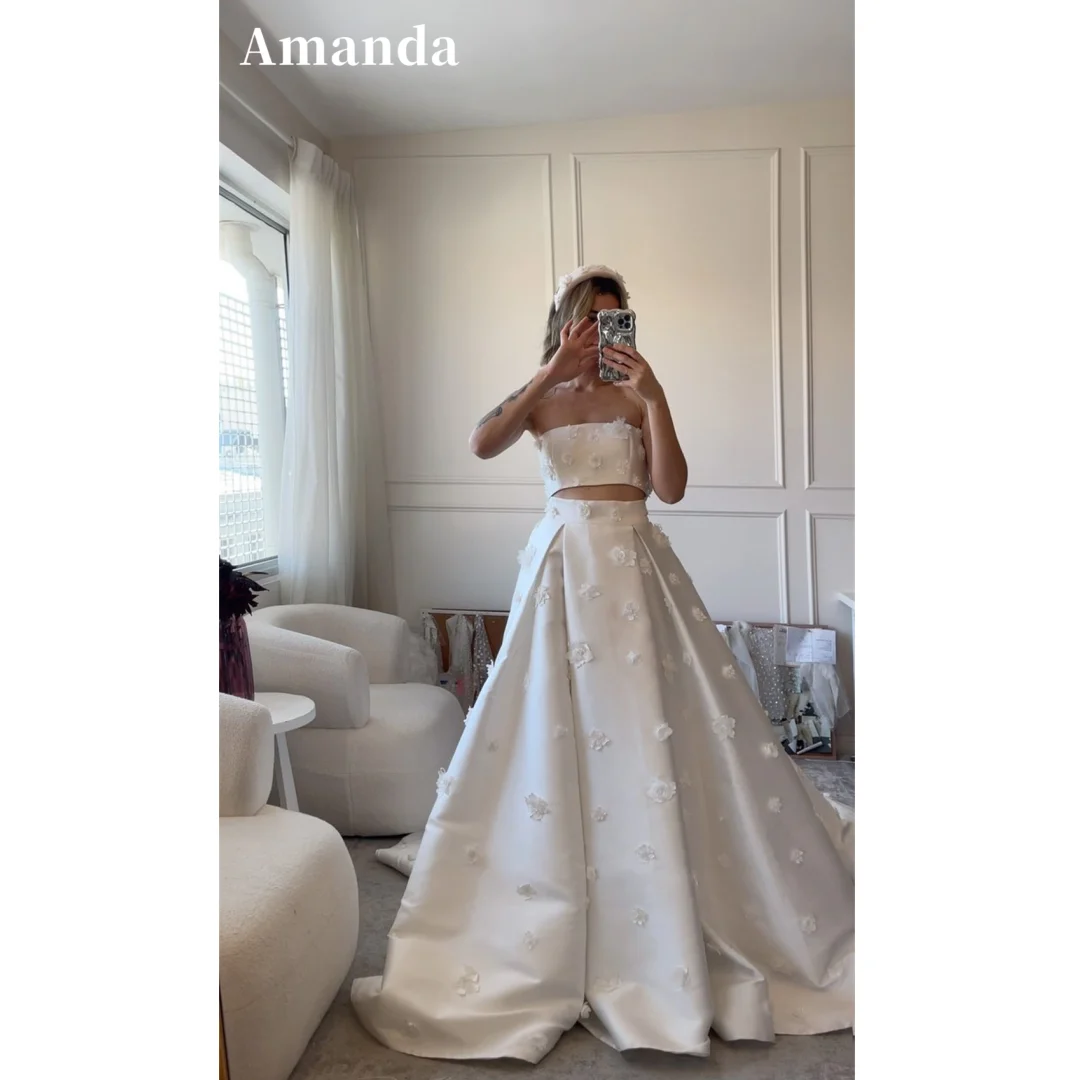 Amanda Luxury 3D Flower Satin Vestidos De Novia White A-line Wedding Dress Two Piece Set Silk Puffy Robe De Mariée