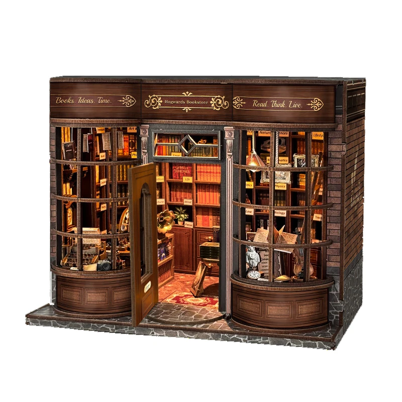 

DIY Wooden Hogue Bookstore Magic House Casa Figurines Miniatures Assembled Villa for Friends Birthday Gifts Home Decor Crafts