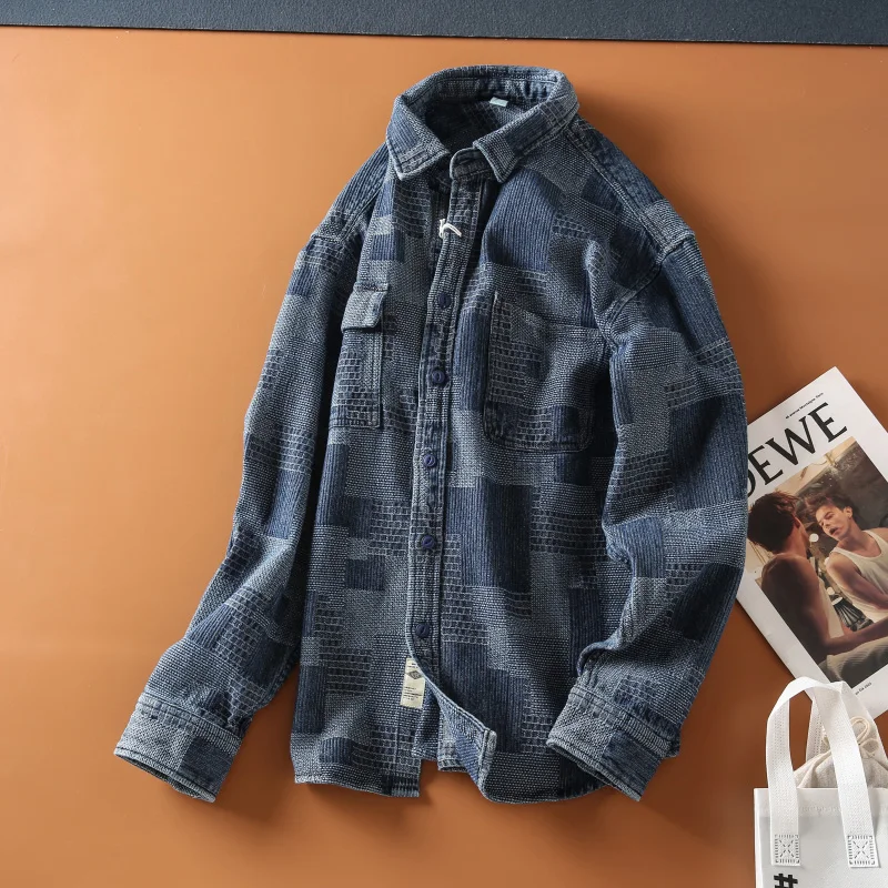 

Retro Waed Denim irt Jaet for Men Casual Long Sve Floral Embroidery Autumn New Sle Youth ular Stand Fit Warmth