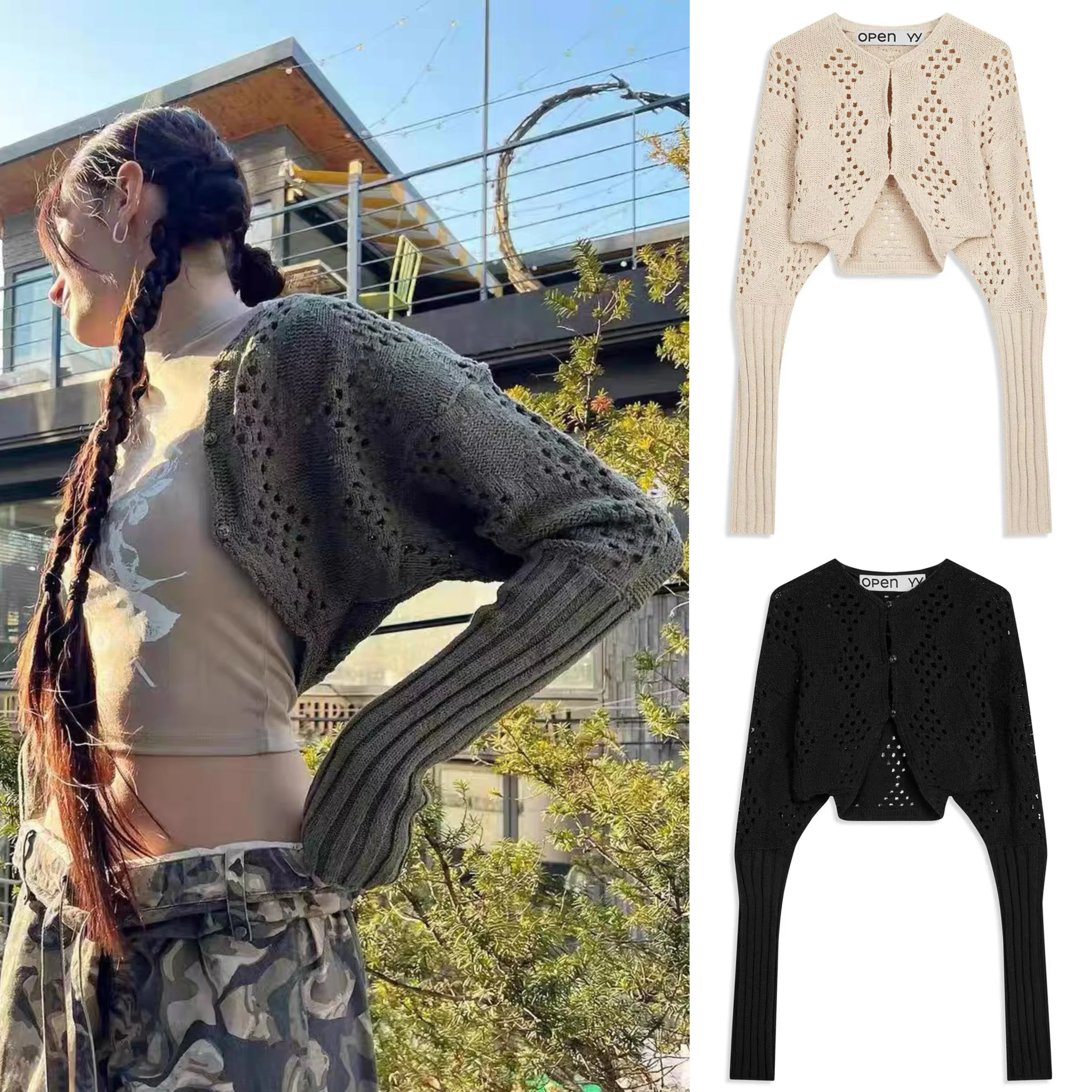 

Openyy Spicy Girl Sle Hollow out Knitted Cardigan Long Sve Slimming ort Top Women's Faion Autumn 2024 Pure Color