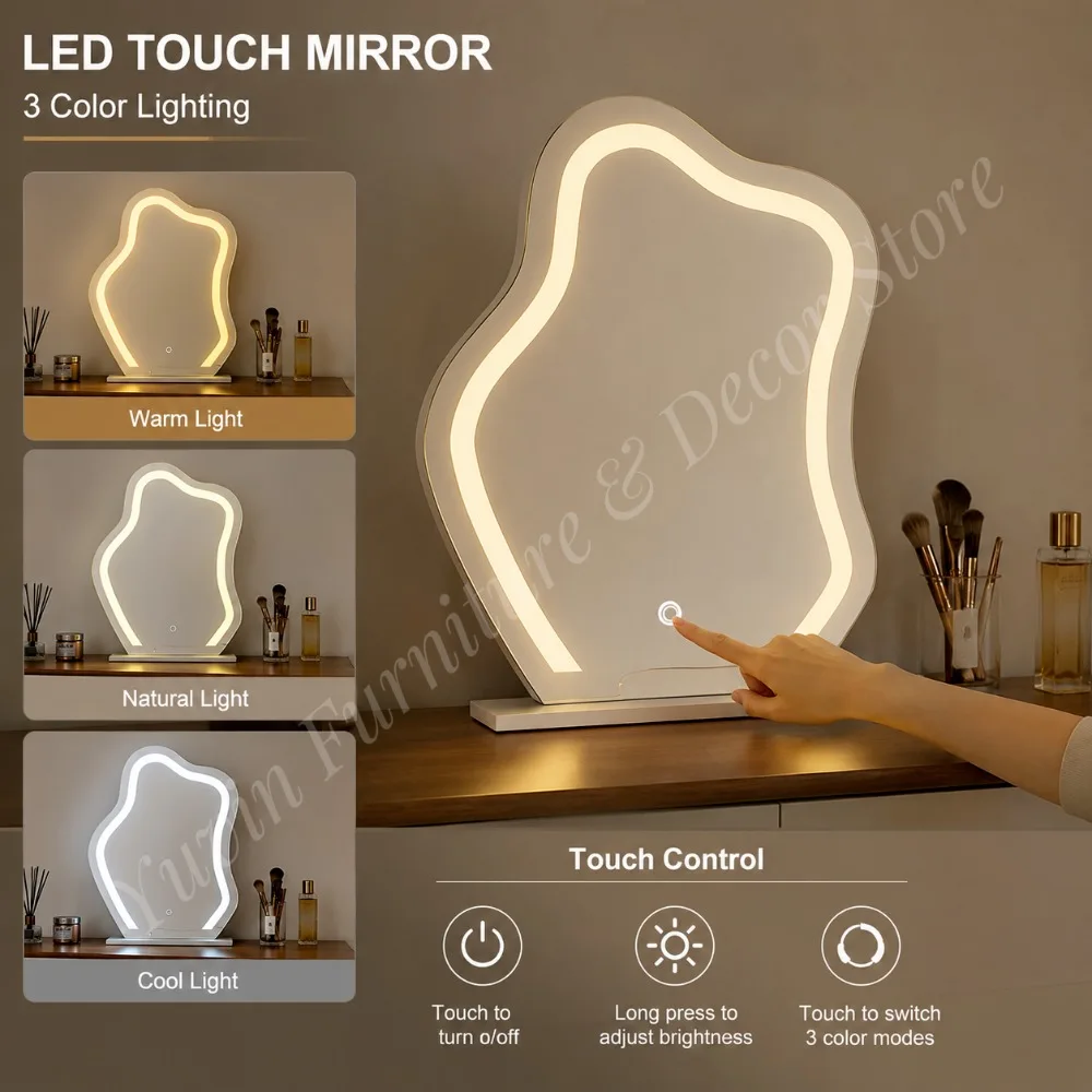 Modern European White Vanity Desk Set with LED Lighted Dimmable Mirror and Storage Cabinet for Bedroom Hotel & Bathroom Use