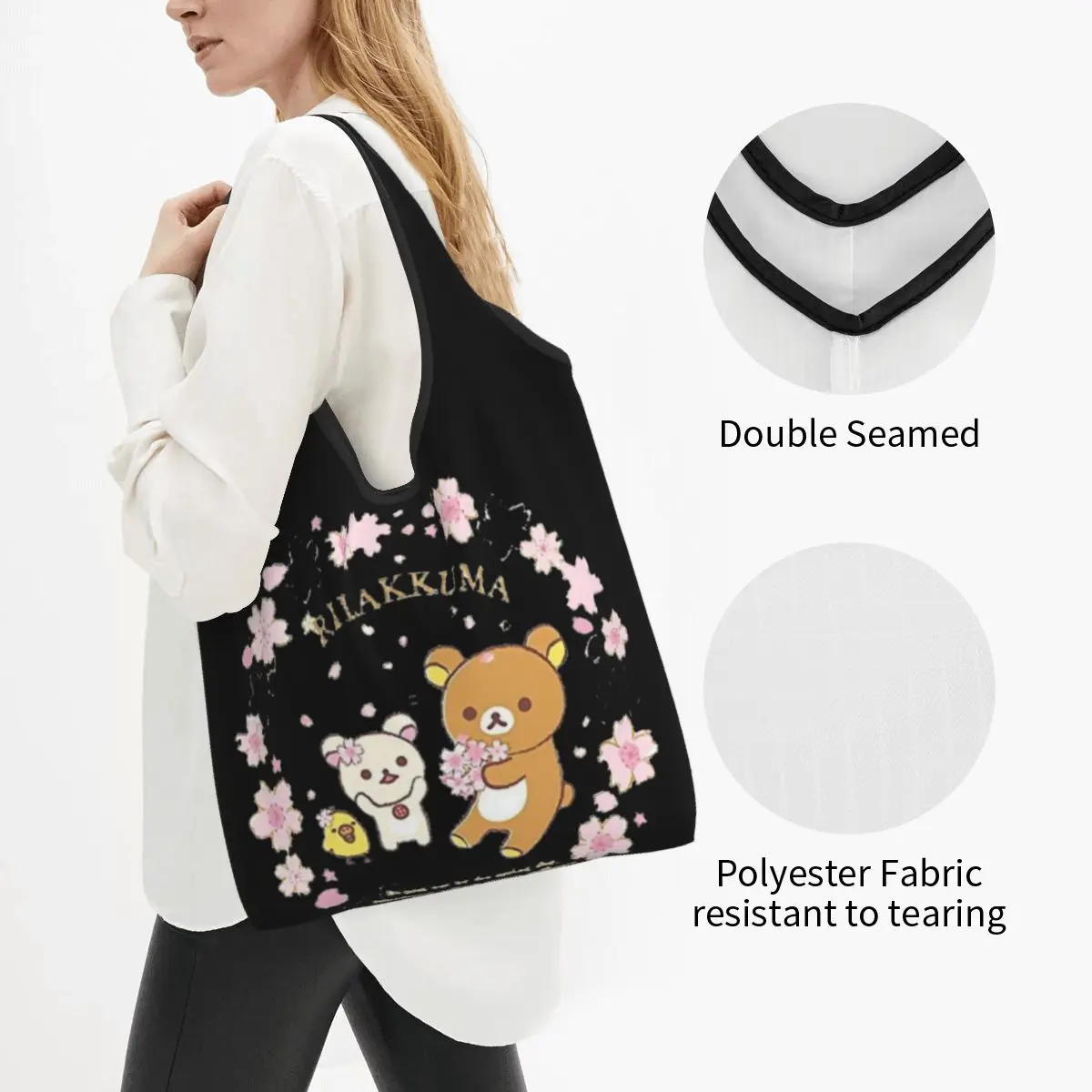 Reusable Rilakkuma Sakura Cherry Blossom Grocery Bags Foldable Machine Shopping Bags Large Eco Storage Bag Attached Pouch