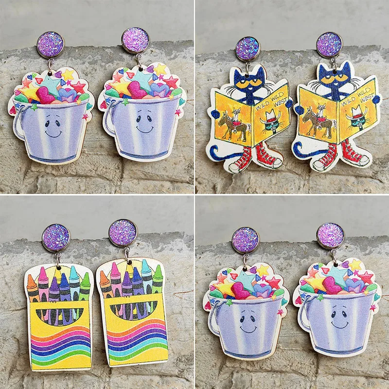 Cute Wooden Animal Cartoon Earrings For Women Bear Butterfly Insert Crayon Book Teacher Earrings Teachers\' Day Gifts Wholesale