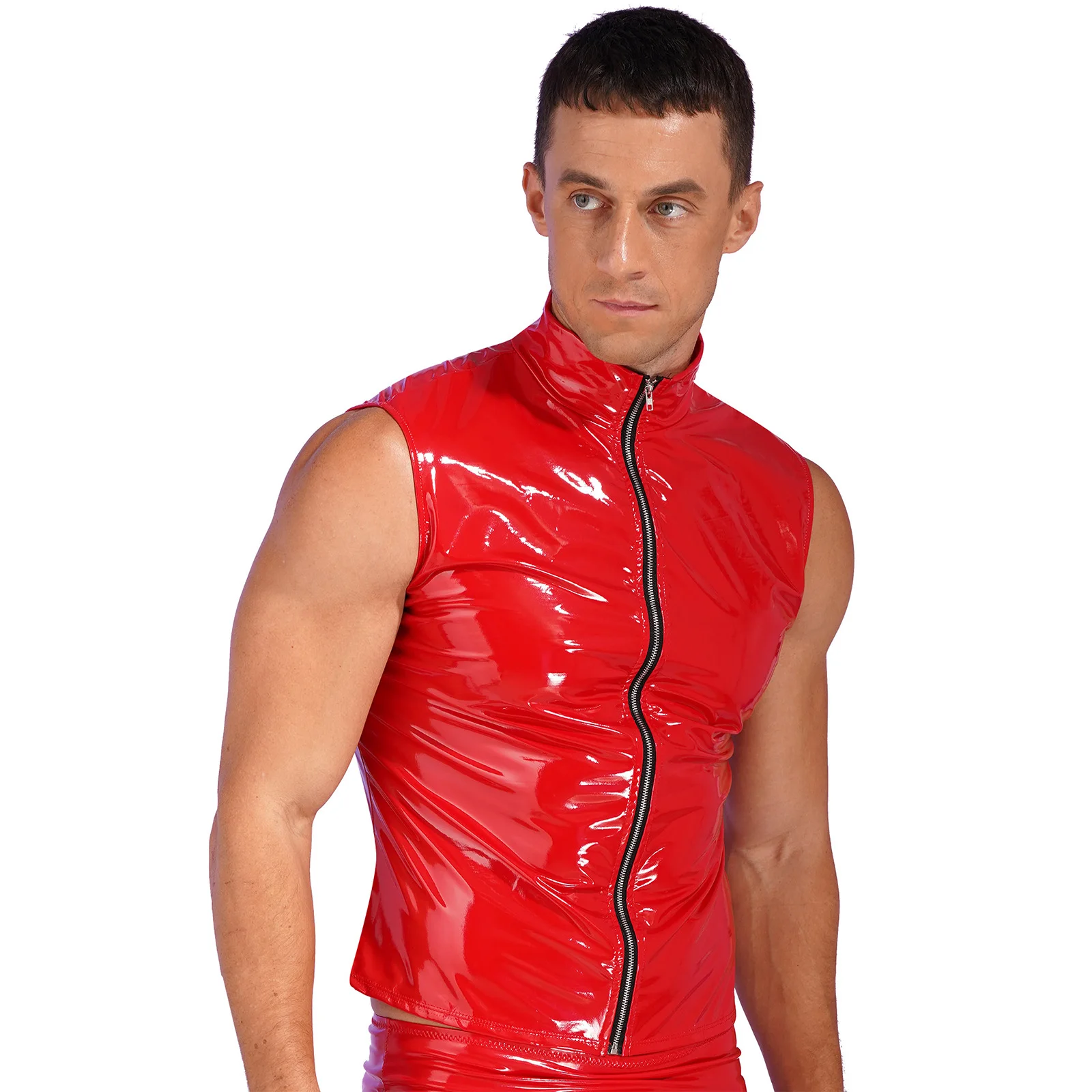 Mens Fashion Wetlook Patent Leather Jacket Vest Tops Stand Collar Zipper Punk Tank Top Festival Rave Party Clubwear Streetwear