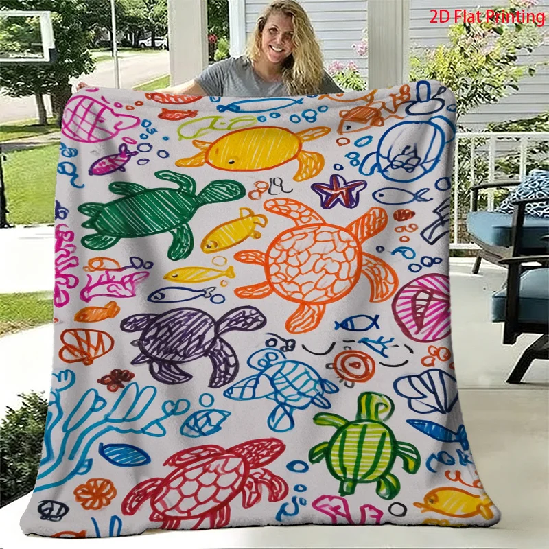 Vibrant Childlike Doodle Marine Animal Sea Turtle Decor Art Print Flannel Blanket Warm Throw Lounge Bedroom Holiday Warm Gift