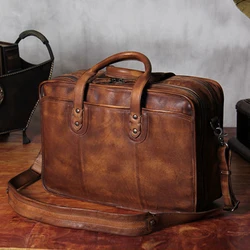 Maletín de cuero genuino Vintage para hombre, Maletín de negocios grande de 15,6 pulgadas, bolso para portátil, funda para documentos, bolso de mano