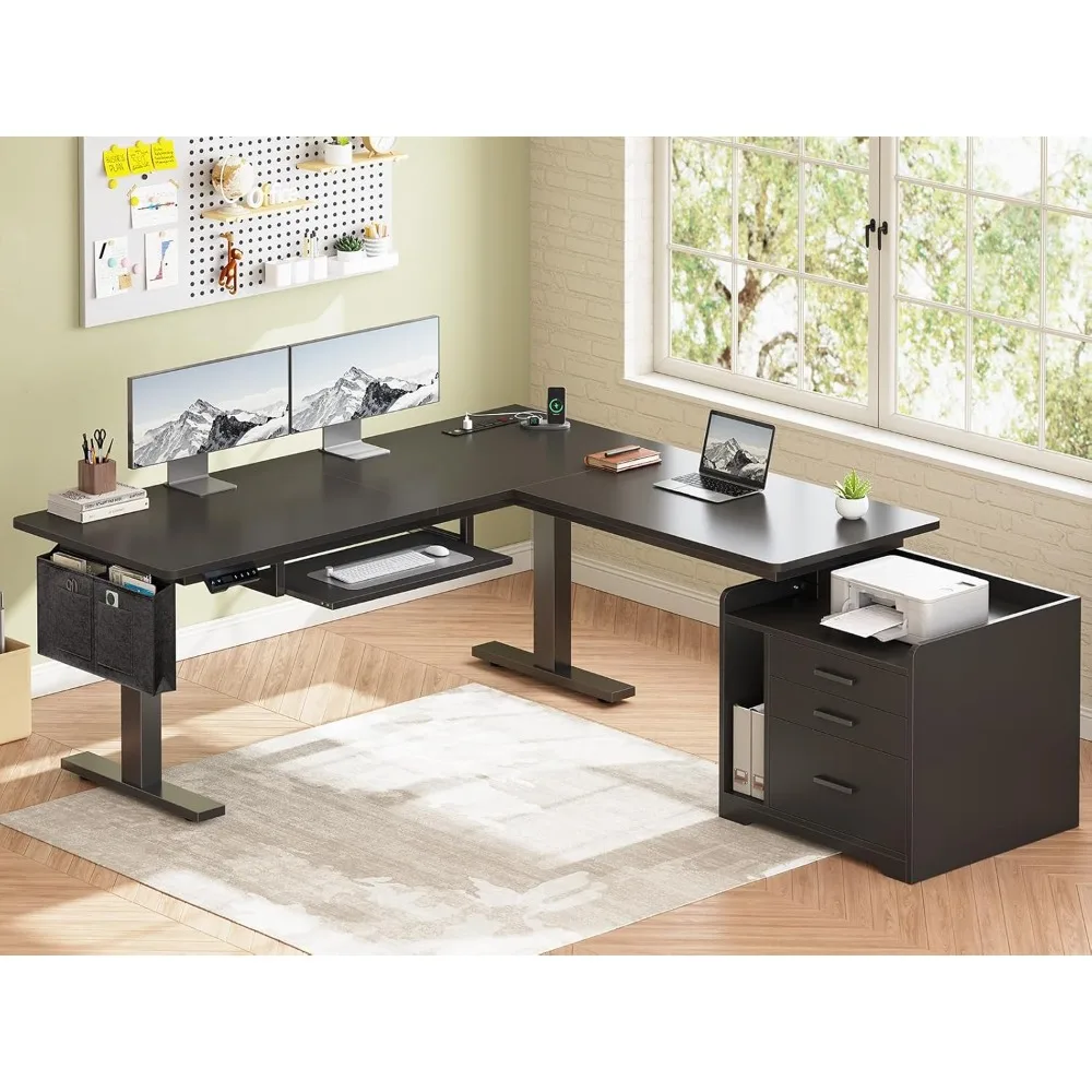 

L-shaped electric upright office desk with filing cabinet, 63 x 53 inches high, adjustable home computer desk with drawers