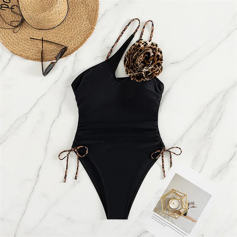 

3D Leopard Flower Solid Black Swimwear Woman 2025 One Piece Sexy Swimsuit One Shoulder Hollow Out Drawstring Bodysuits Bather
