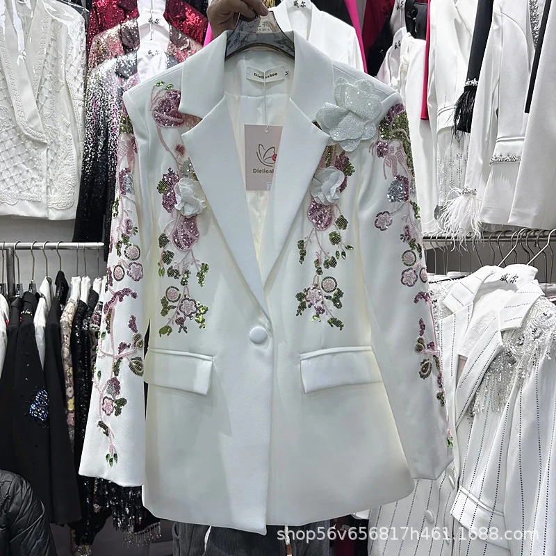 

Women's Stylish Loose Long Sleeve Blazer with Hot-Fix 3D Flowers, Fashionable Elegant Trendy Top