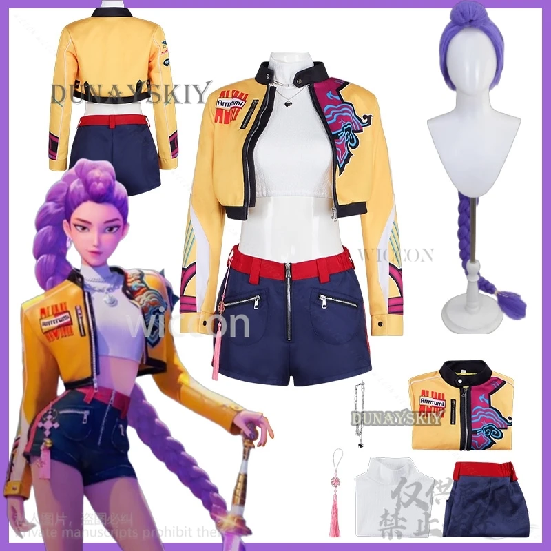 

Rumi Kpop Girl Group Cosplay Anime Movie Demon Singing Costume Yellow Punk Y2K Coat Short Pants Long Wigs Halloween Party Cos