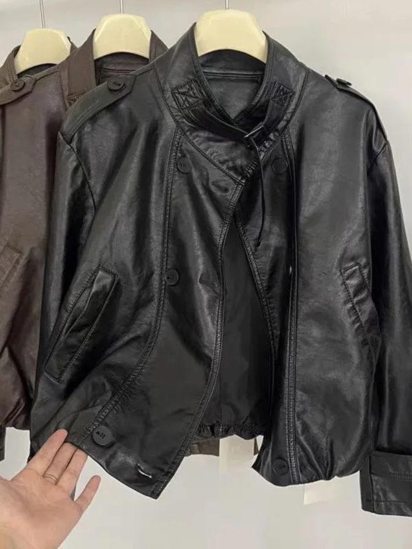 

Модный воротник-стойка из искусственной кожи, женский тюнер ort Sle, осень 2023, новое свободное утягивающее мотоциклетное байкерское пальто