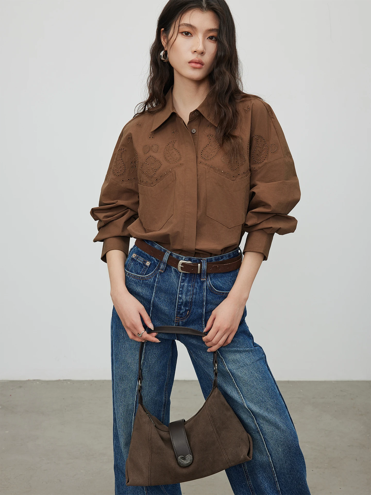 

Женская куртка KEARA в американском стиле с вышивкой, свободного кроя, с длинными рукавами, весна 2026, новая коллекция, в стиле вестерн, ретро, с отложным воротником