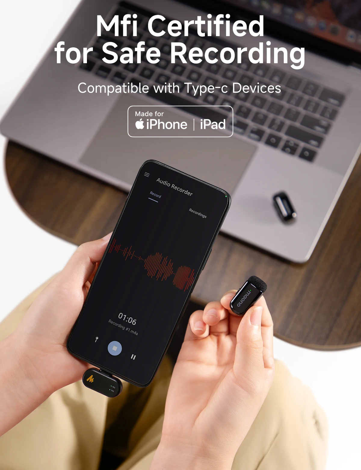 MAONO T1mini Microfono da bavero wireless per cancellamento del rumore del telefono Funzione di ritaglio automatico Impostazione app Microfono di registrazione audio video