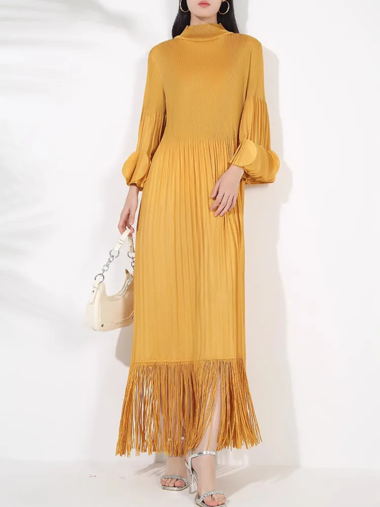 LANMREM Maxi Dress Women High Neck Long Sleeves Stitching Tassel Hem Solid Color Dresses Female Party Clothing 2024 New 2DB1143