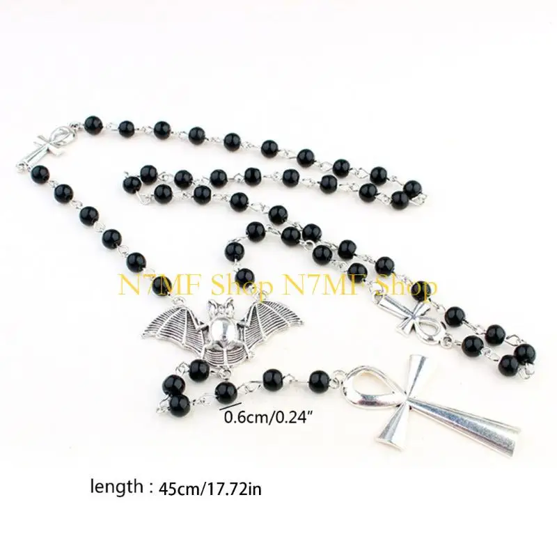 N7MF ANKH BLACK ROSARY BADS BAT NETLACE GOTHIC LONG SWEEAT JOLLEYRY #6
