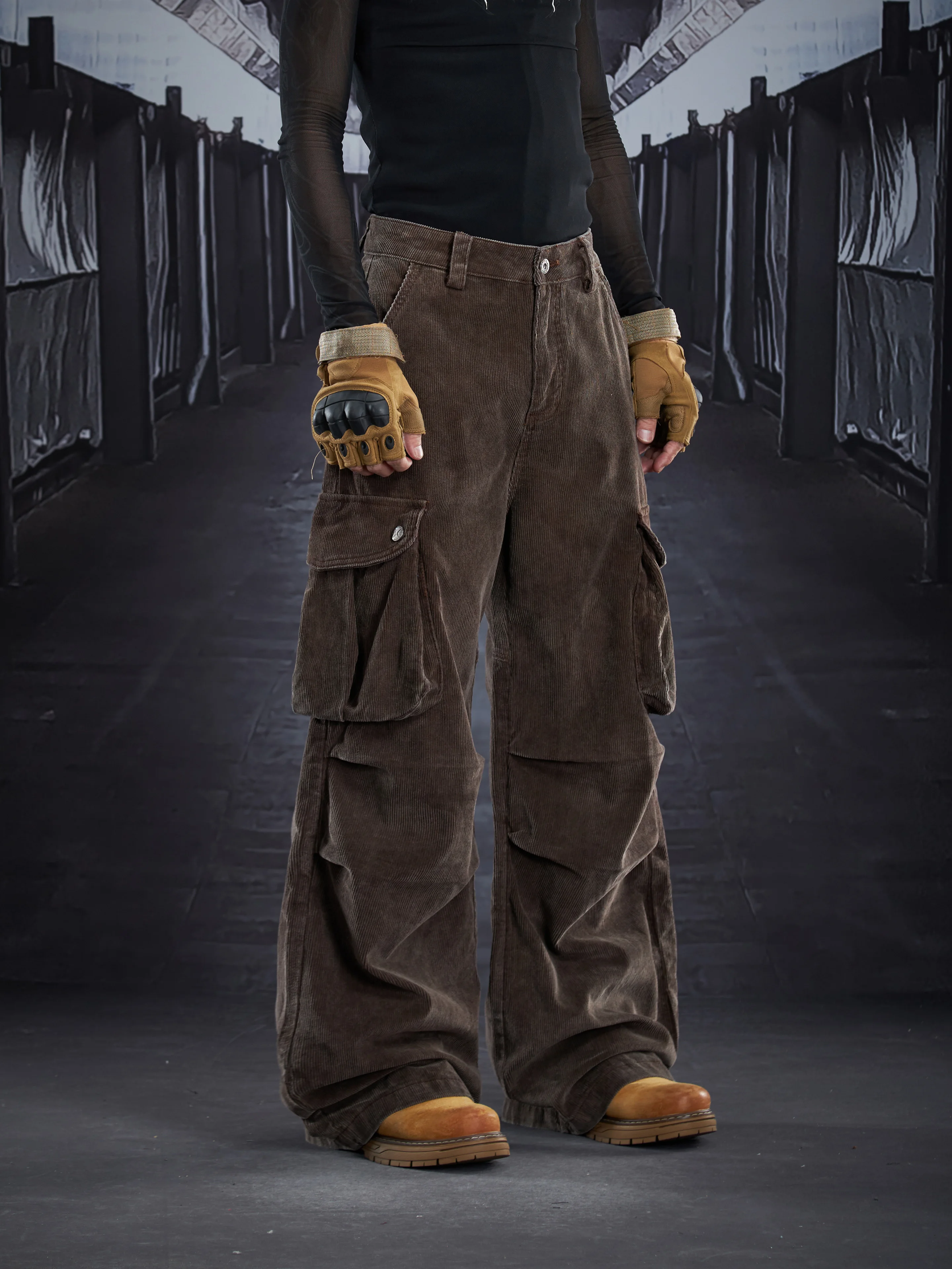 Special-Interest Design American Style Retro Maillard Barn Multi-Pocket Pleated Corduroy Baggy Straight Trousers Men and Women