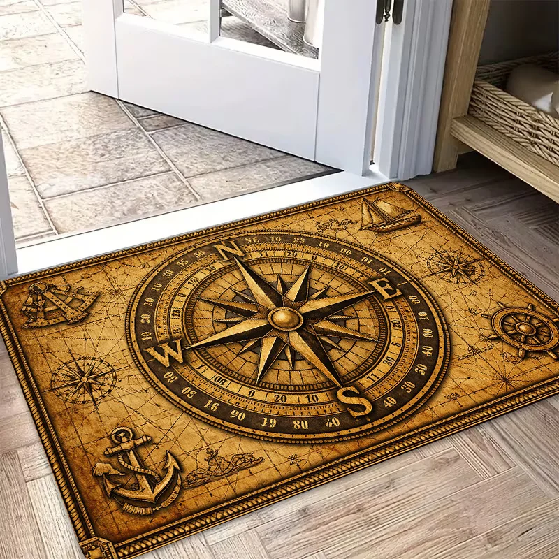 Vintage Nautical Compass Treasure Map 2D Flat Print Non Slip Washable Rug Mat For Entrance Hallway Bathroom Porch