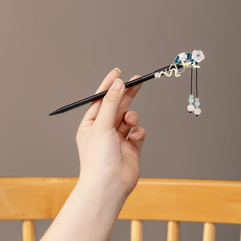 Retro Chinese Style Hairpin For Women Elegant Wooden Flower Tassel Hair Stick Vintage Jewelry Hair Accessory Girls Hairpins image 5