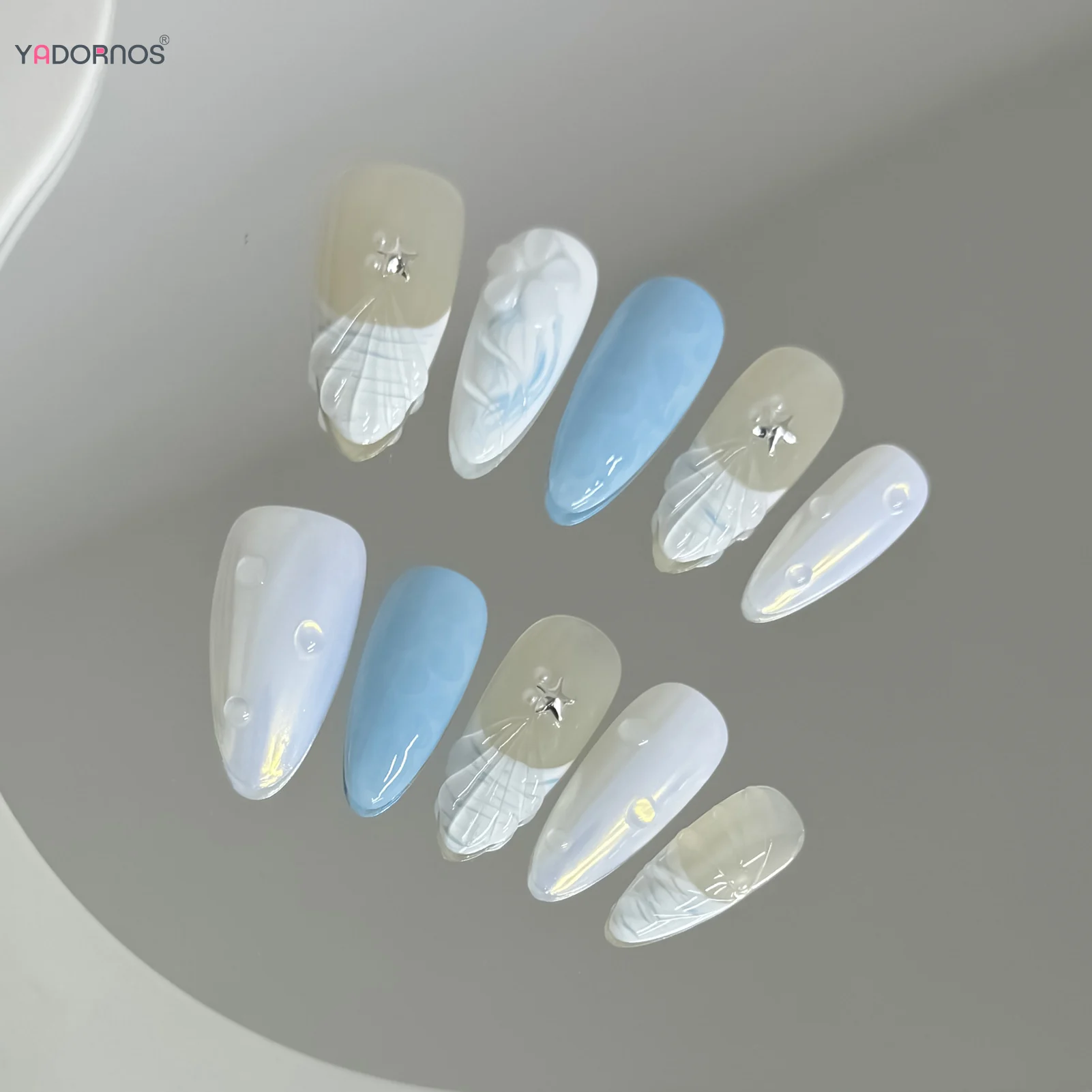 10pcs Handmade กดบนเล็บสีฟ้าสไตล์ฝรั่งเศสฤดูร้อน Ocean Series เล็บปลอมสเตอริโอ Seashells Designs หวานเล็บปลอม