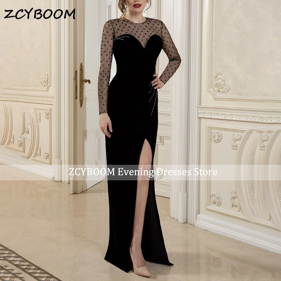 

Customized Pokla Dot Tulle Mermaid Evening Dress 2025 Elegant O-Neck Long Sleeves Side Slit Floor Lenght Women Party Prom Gowns