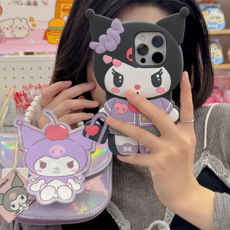 Handtas Sanrio Leuke Hello Kitty Kuromi Voor iPhone 16 15 14 13 12 11 Pro Max Kawaii Y2K 3D Cartoon Silicone Soft Cover Case