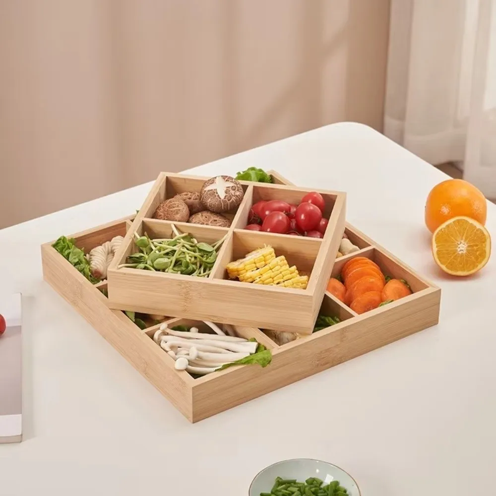 Natural Multi-Grid Bamboo Tray Wooden Divided Plate Combination Serving Plate Kitchen