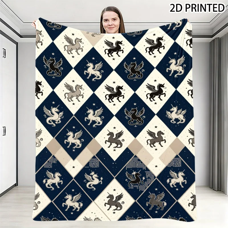 Whimsical Vintage Mythical Creature Print Throw Blanket, Unicorn And Griffin Pattern with Star Motifs on Navy Checkered Base, Mu
