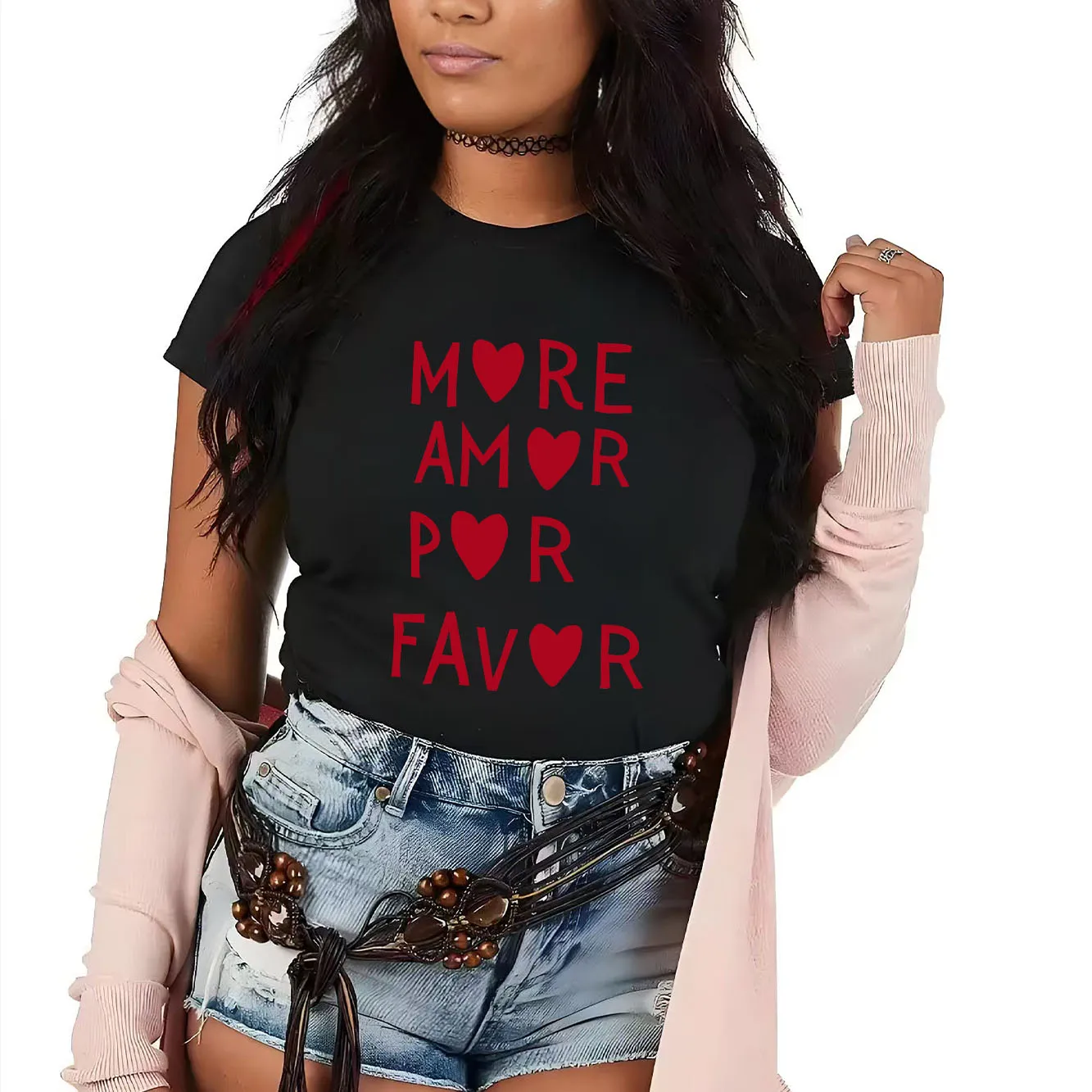 

Милая модная и универсальная женская футболка с круглым вырезом и короткими рукавами с принтом в форме сердца