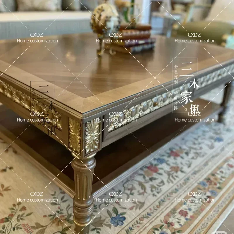 American Country Solid Wood Coffee Table French Light Luxury Living Room Modern Advanced Brown Tea Table Villa Furniture