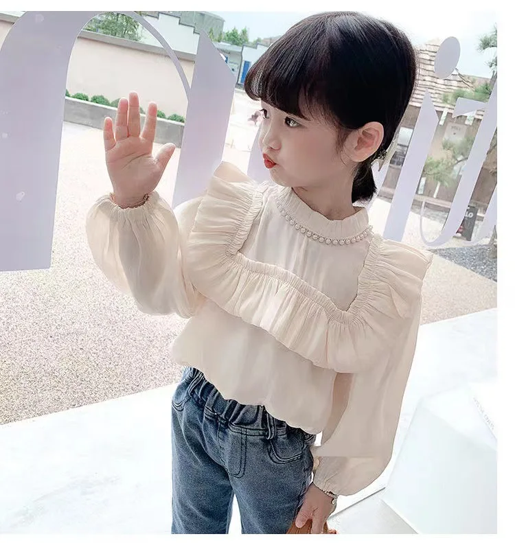 Blouses Autumn Korean Children Clothing Girl Lace Embroidery Flower Edge Puff Sleeve Shirt Simple 2026 Sweet Fashion