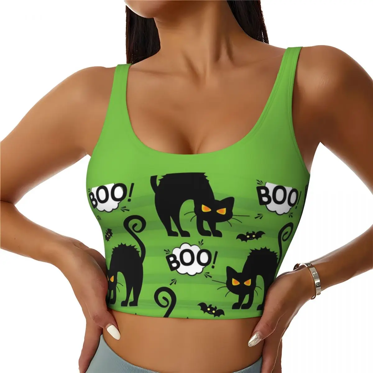 Custom Halloween Angry Cat Allover Green Workout Crop Tank Tops Women Running Sports Bras