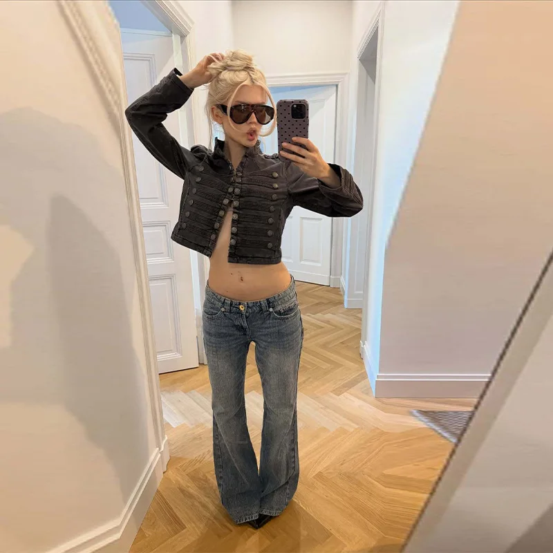 

Women's 2026 Spring & Autumn New Slim Fit Stand Collar Long Sleeve Heavy Duty Denim Biker Jacket