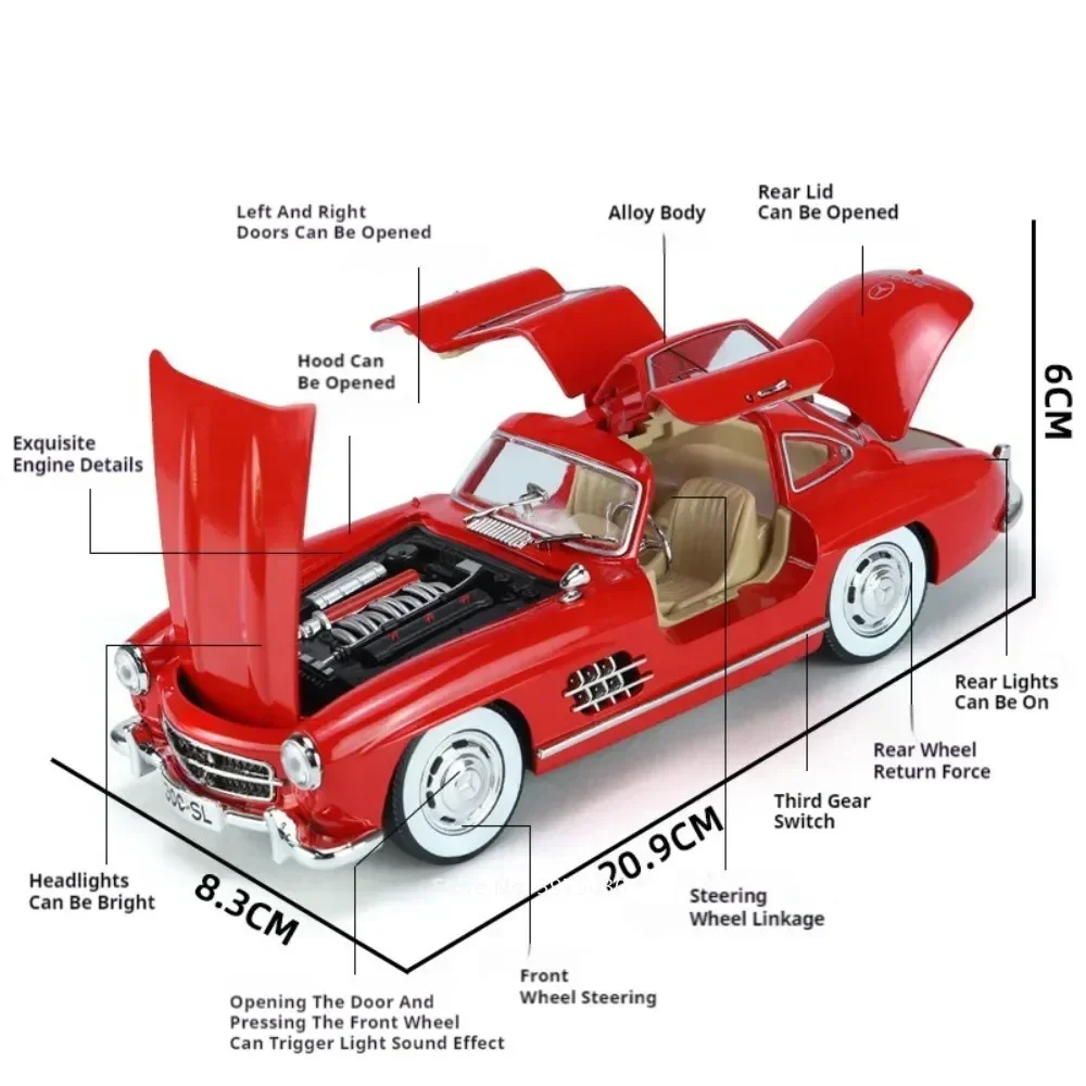 1:24 Benz 300SL Modele samochodów zabawkowych Alloy Diecast z wycofaniem Dźwięk Światło Wycofać Miniaturowe pojazdy Chłopiec Urodziny Zbieraj prezenty