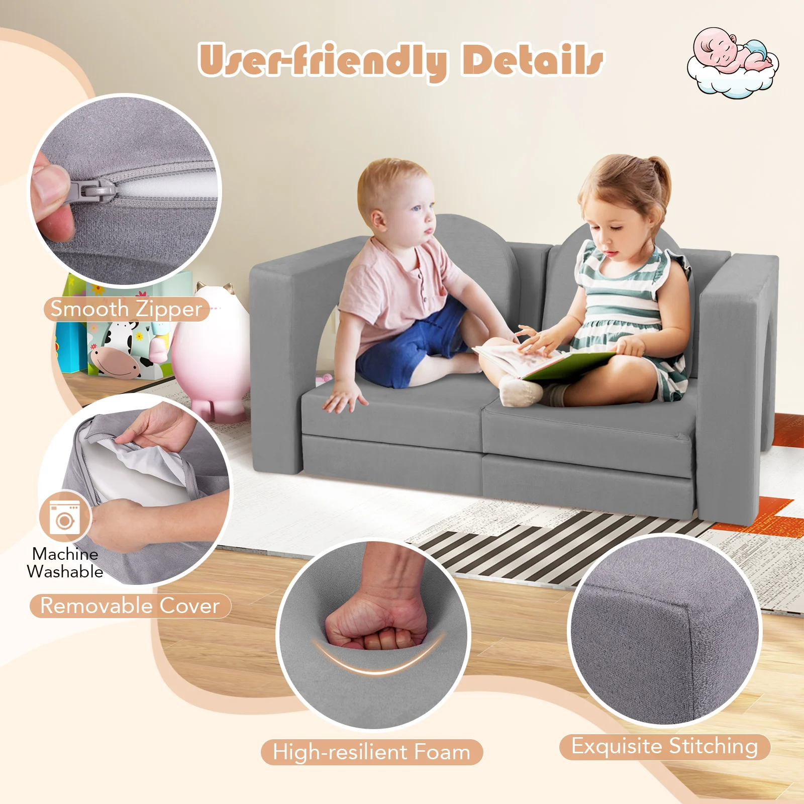 8 PCS Sofa Modular Anak dengan Penutup Kain Suede Busa Berdensitas Tinggi