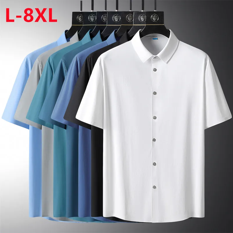 

Summer Men's Solid Color Short Sleeved Shirt Loose Elasticity Casual Black White Quick Dry Silk Male Shirts Large Size L-8XL